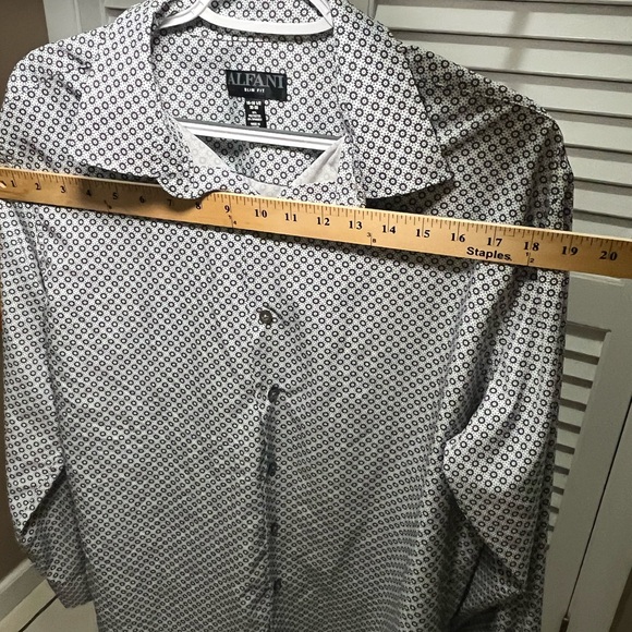 Alfani Button Down Slim Fit Shirt, 16-16 1/2, 32-33, white with black geometric - Picture 9 of 13
